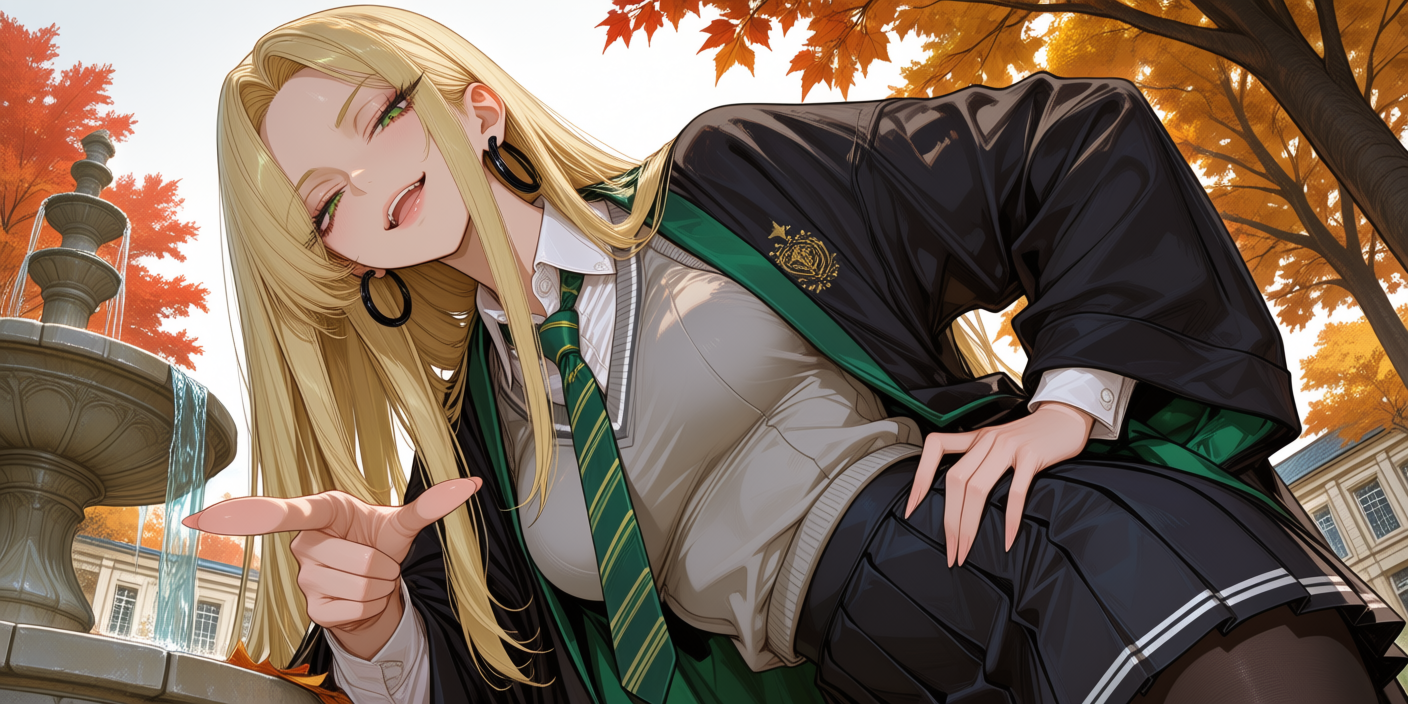 Druella leaning down toward the viewer on the academy quad, blond hair loose, black robes with green lining, a fountain and autumn maples behind her.