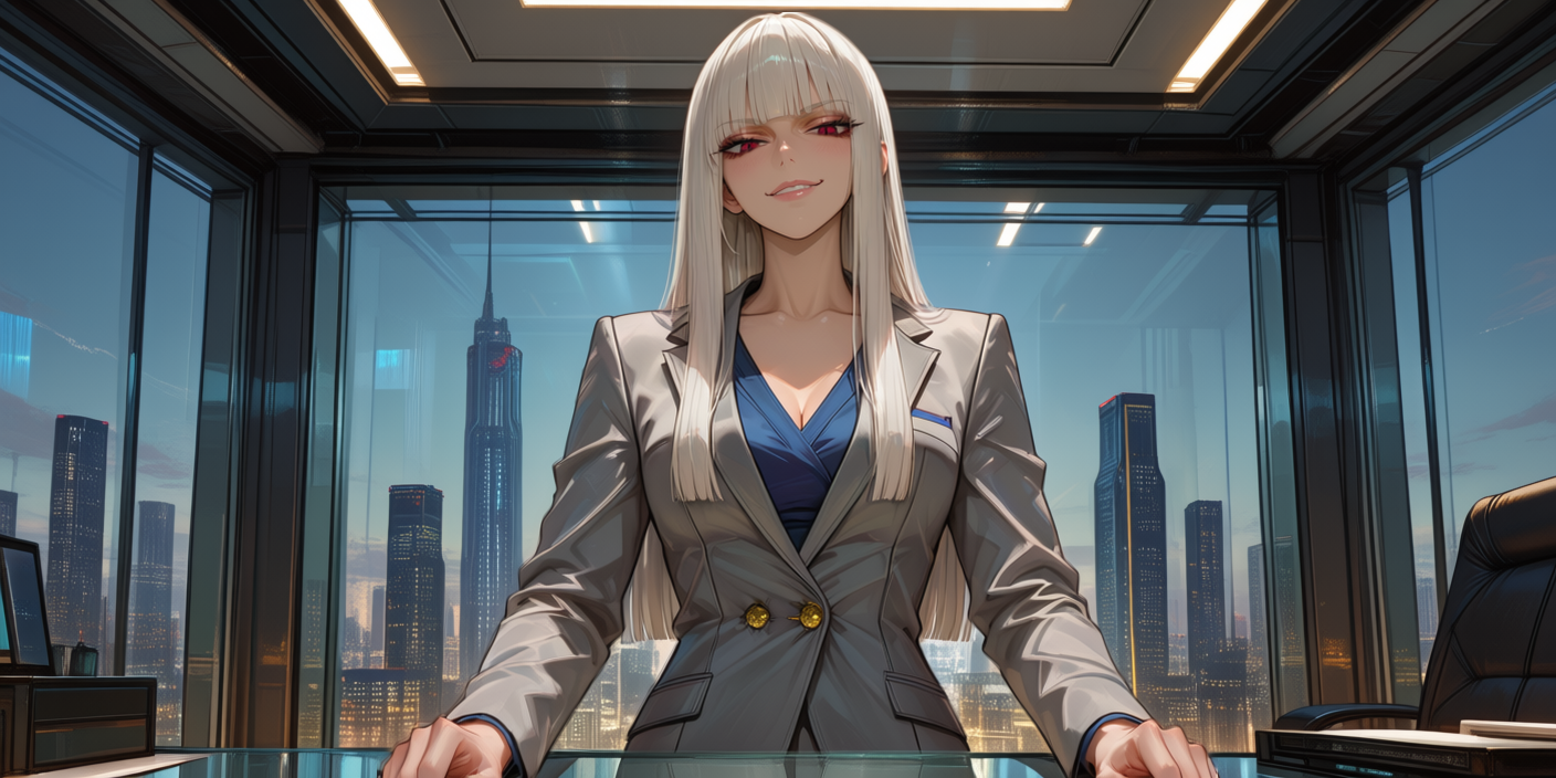 Katherine — floor 84, the corner office at dusk