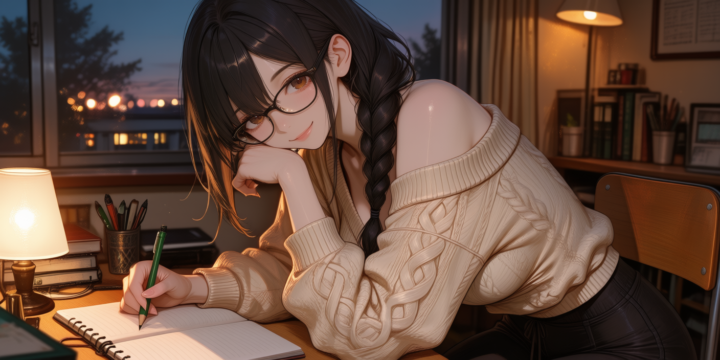 Lara at her desk, pencil in hand, pretending she wasn't just staring at you