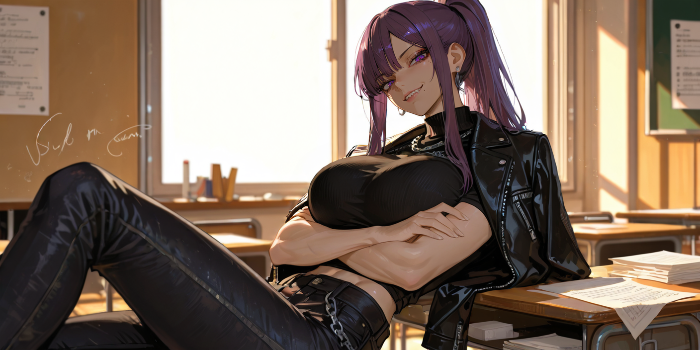 Morgan leaning back on a desk in a leather jacket, boots up, smirking