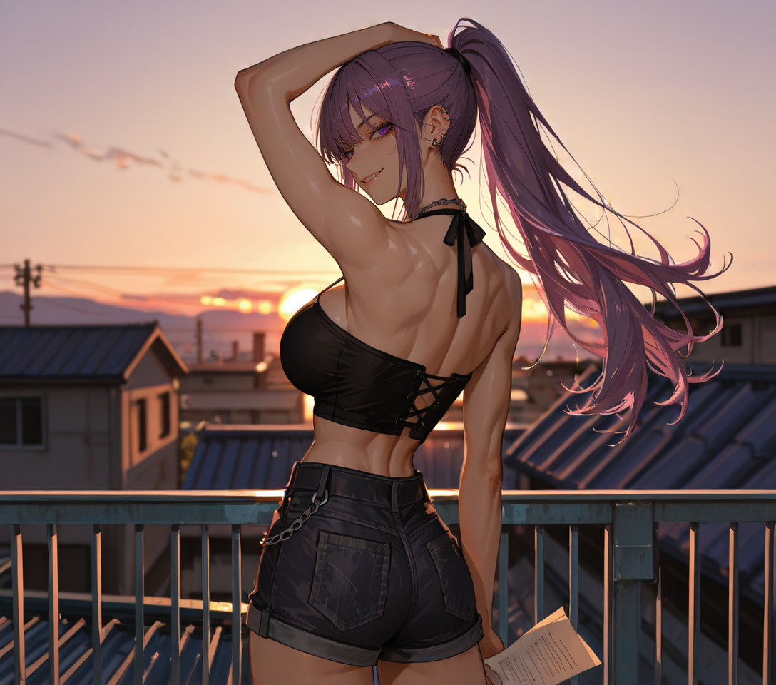 Morgan on a rooftop at sunset, exam paper hidden behind her back