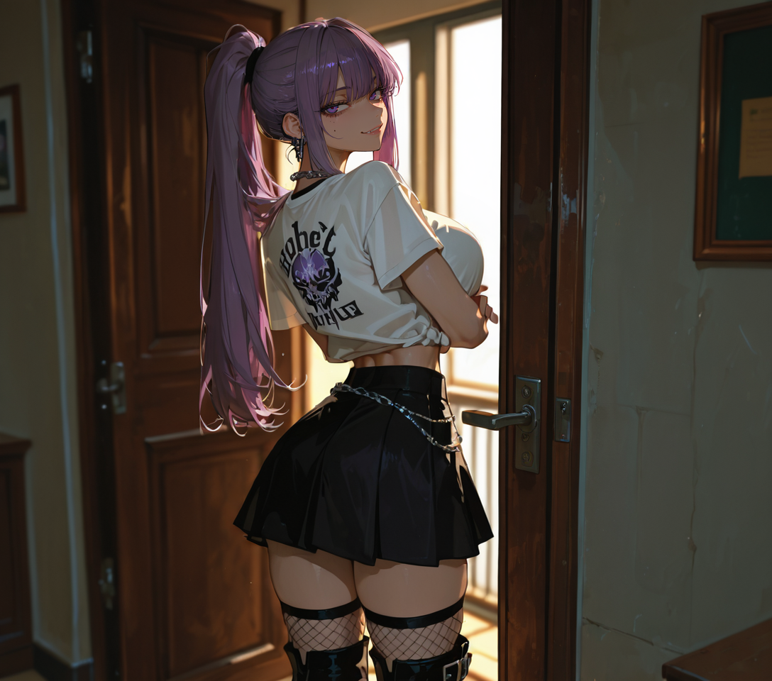 Morgan waiting in a doorway in a band tee and pleated skirt