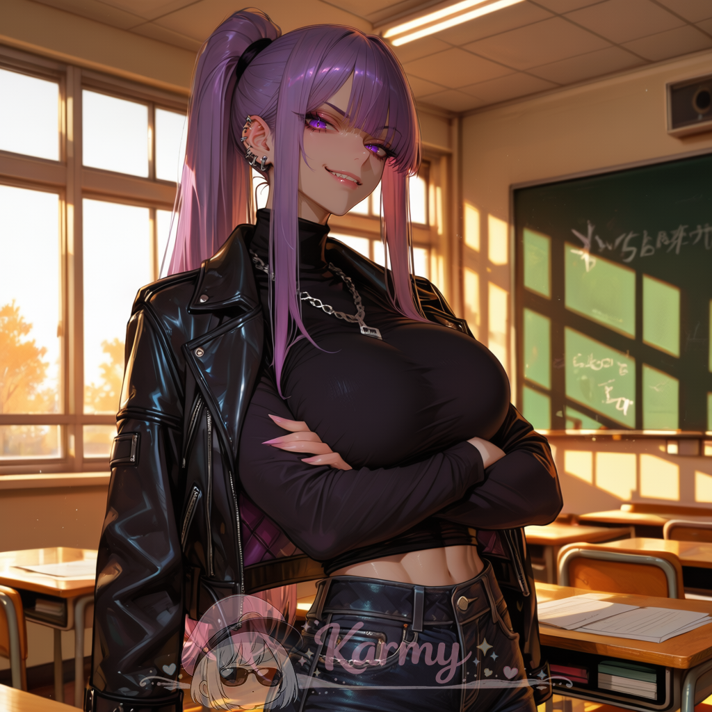 Morgan's yearbook photo, violet hair and a knowing grin