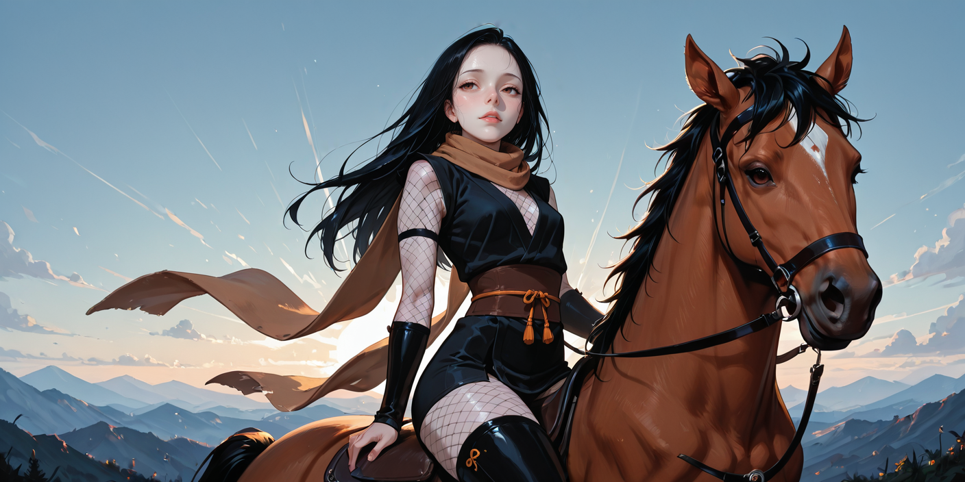 Renri on horseback, scarf in the wind