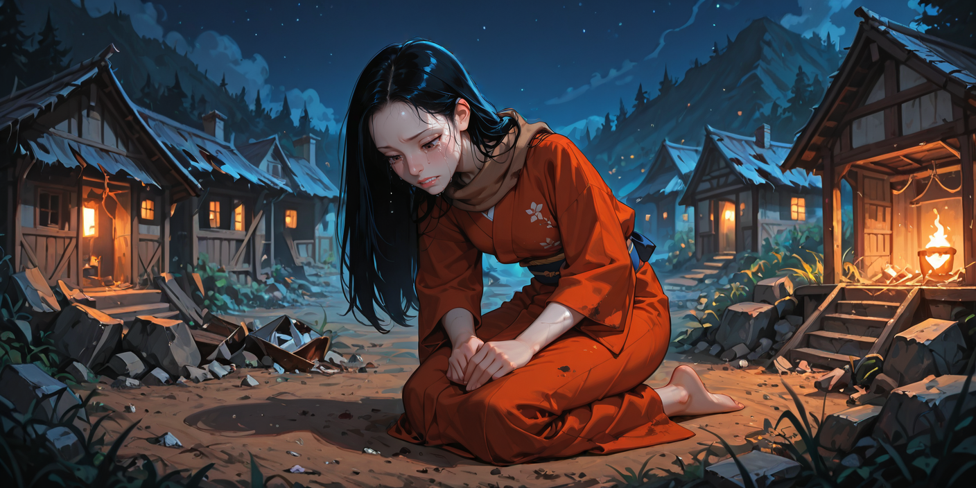 Renri kneeling in a destroyed village, weeping