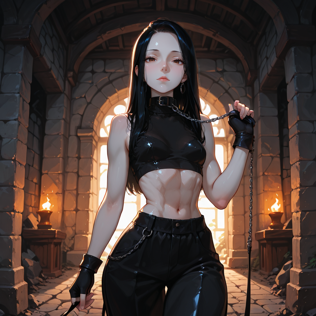 Renri stands in the temple, chain in hand