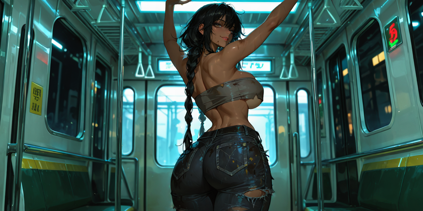 Samira stretching under the fluorescent light of an empty night train
