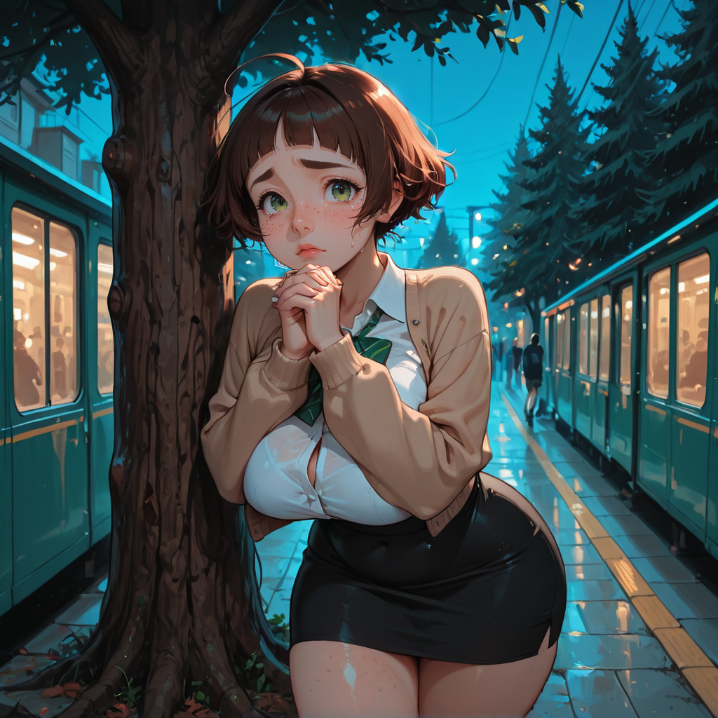 Tessa by a tree at dusk, hands clasped, tearful