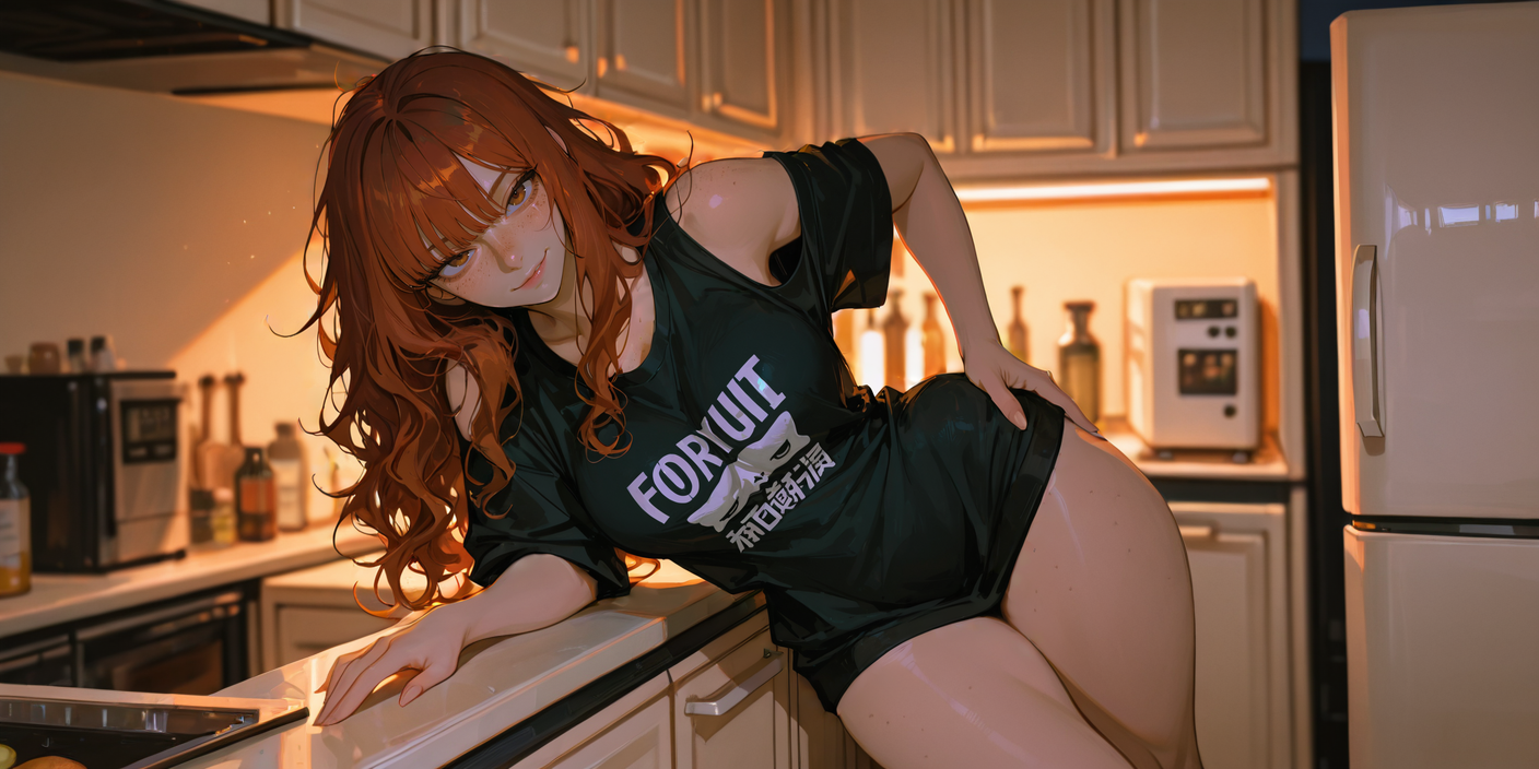 Wendy leaning against the kitchen counter at 2AM, bathed in fridge light